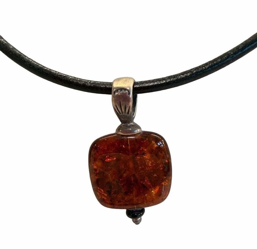 Silpada Sterling Silver and Amber Pendant on Black Leather Cord Necklace S1285